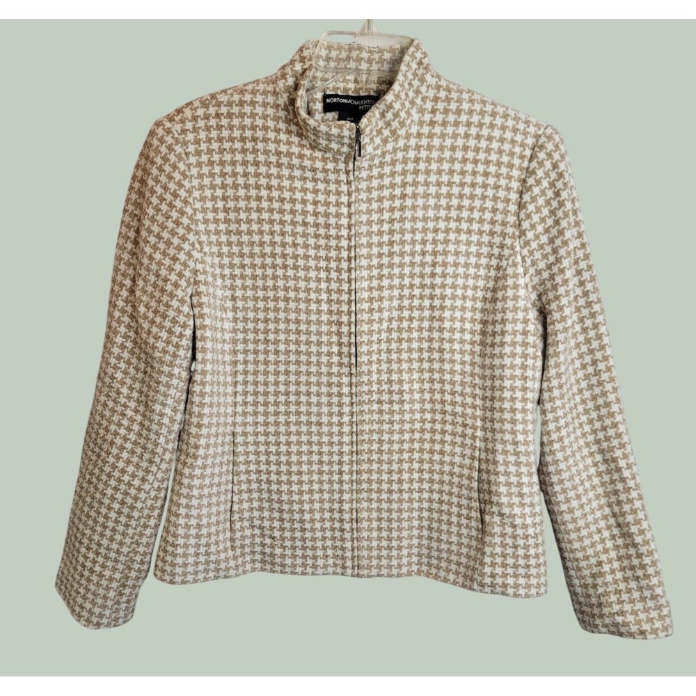Norton McNaughton Jacket Houndstooth Zip Front Career Professional Tan White 16P